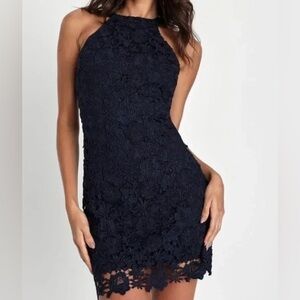 NWOT Lulus Womens Love Poem Lace Mini Dress Navy Blue HalterNeck Party Chic Sz M